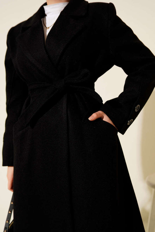 Black Cashmere Coat with Cufflinks and Belt