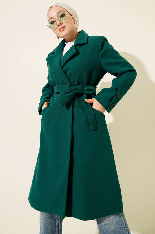 Emerald Green Cashmere Coat with Cufflinks and Belt