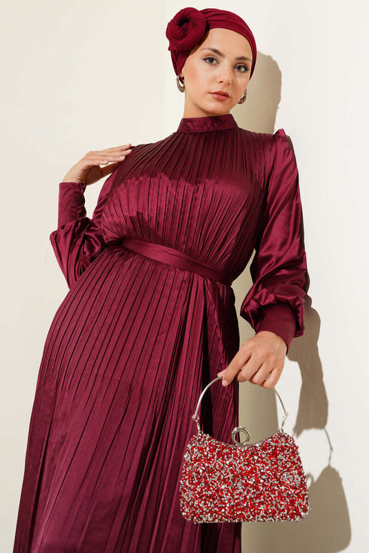 Burgundy Pleated Evening Dress with Sleeve Zipper
