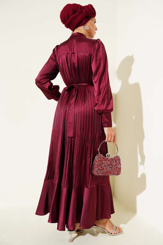 Burgundy Pleated Evening Dress with Sleeve Zipper