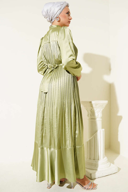 Pleated Evening Dress with Sleeve Zipper, Light Green