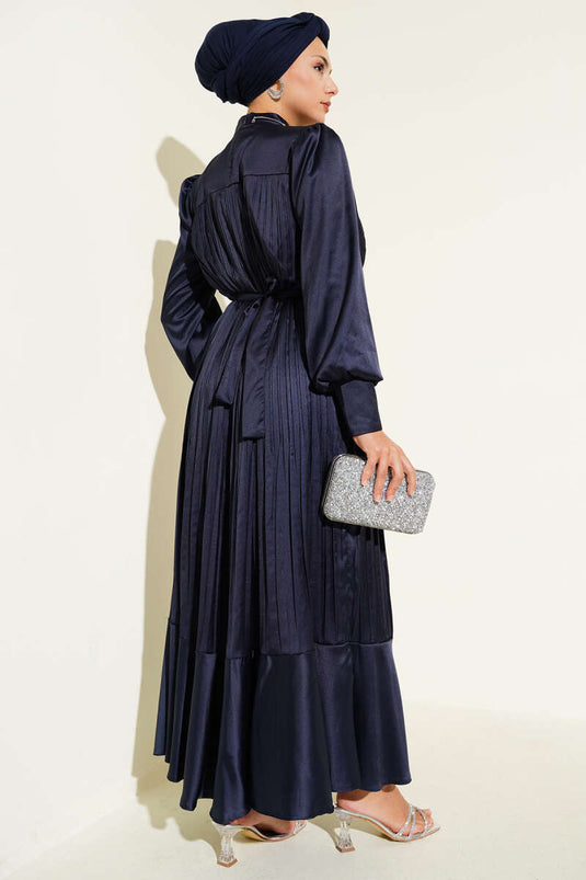 Navy Blue Pleated Evening Dress with Sleeve Zipper
