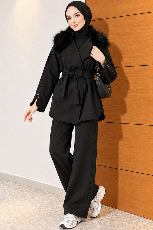 Completo Due Pezzi Con Zip E Collo In Pelliccia Nero