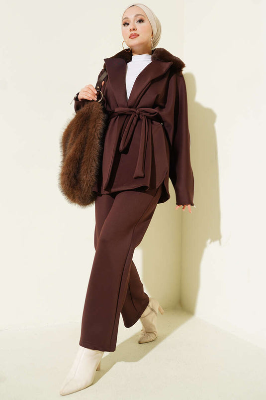 Kol Fermuarlı Yaka Kürklü Scuba İkili Takım Kahve