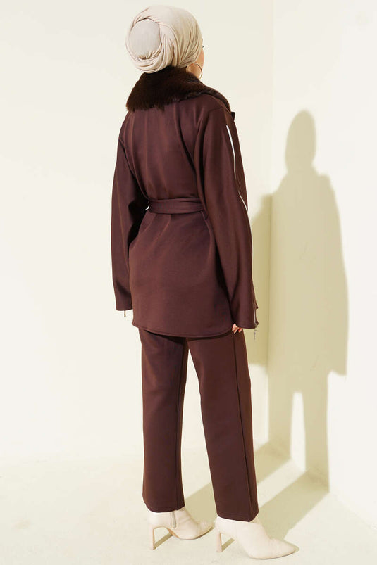 Kol Fermuarlı Yaka Kürklü Scuba İkili Takım Kahve