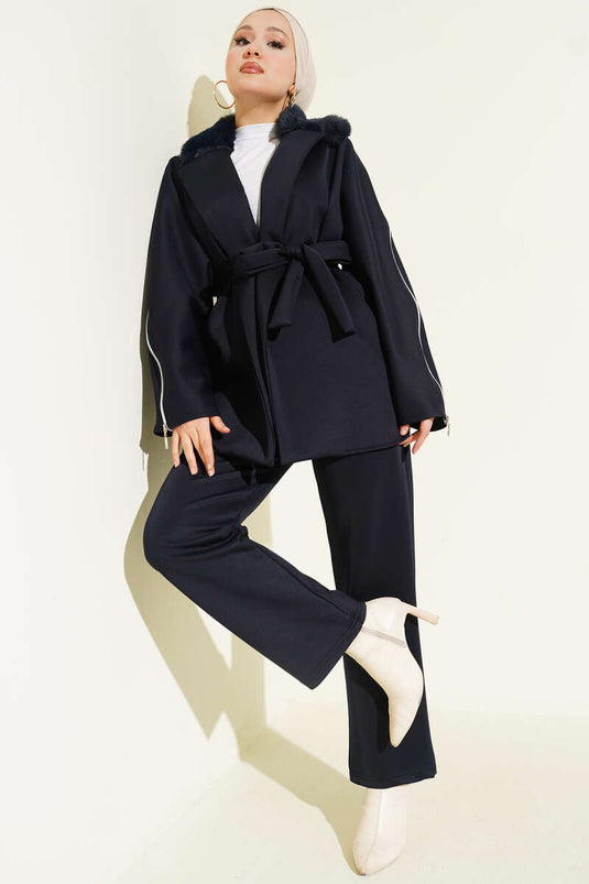 Kol Fermuarlı Yaka Kürklü Scuba İkili Takım Lacivert