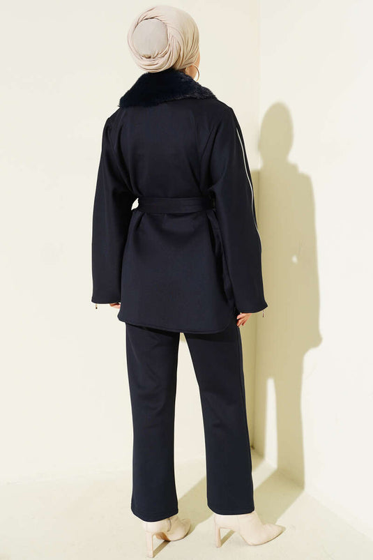 Kol Fermuarlı Yaka Kürklü Scuba İkili Takım Lacivert