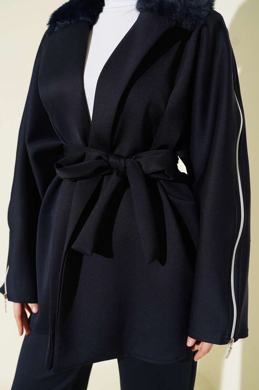 Kol Fermuarlı Yaka Kürklü Scuba İkili Takım Lacivert