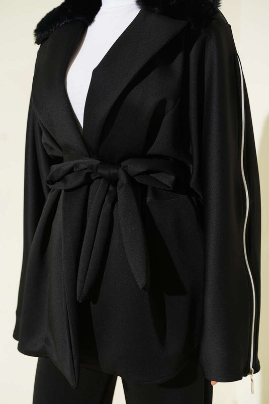 Kol Fermuarlı Yaka Kürklü Scuba İkili Takım Siyah