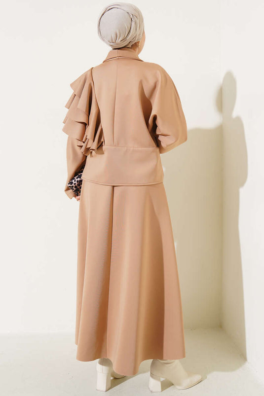 Scuba Two Piece Set Camel with Sleeve Ruffle Skirt