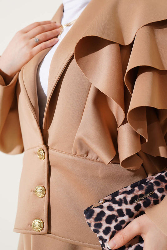 Scuba Two Piece Set Camel with Sleeve Ruffle Skirt