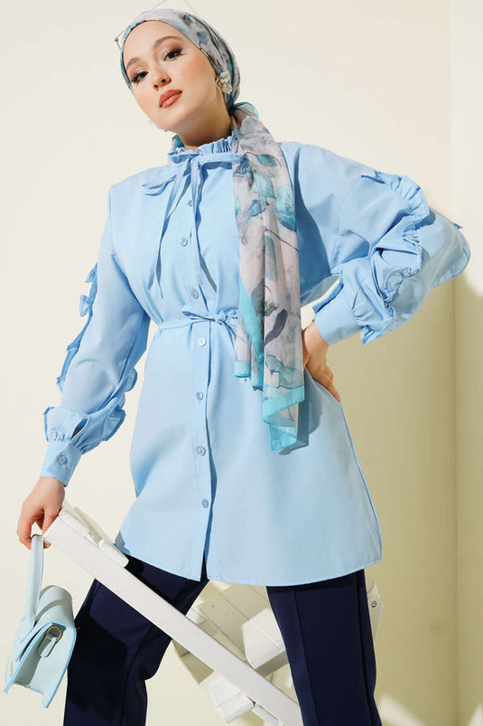 Kol Fırfırlı İp Kuşaklı Gömlek Bebe Mavi