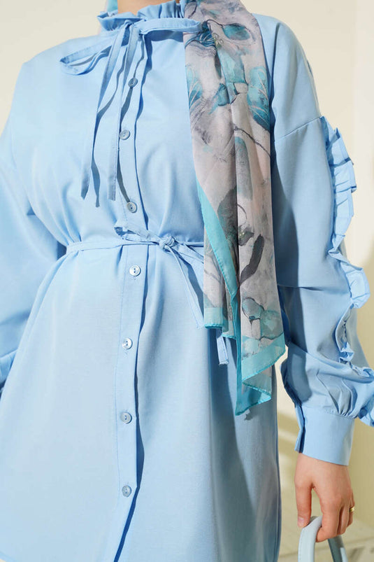 Kol Fırfırlı İp Kuşaklı Gömlek Bebe Mavi