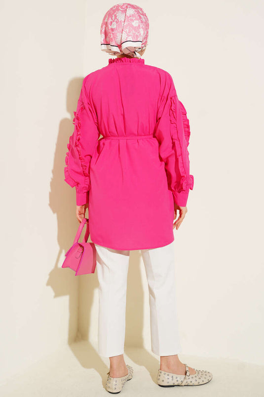 Ruffle Sleeve Rope Belted Shirt Fuchsia