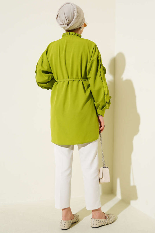 Ruffle Sleeve Rope Belted Shirt Green