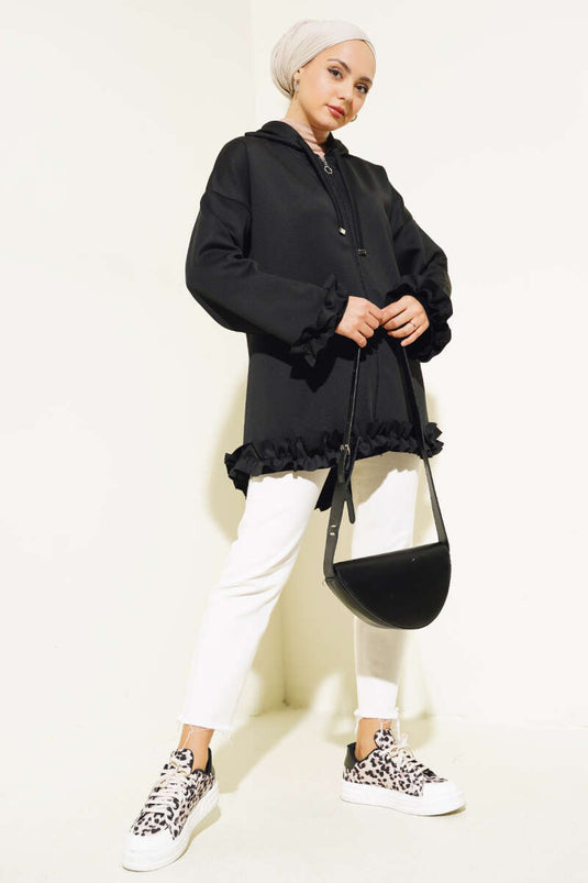 All Frilled Hooded Scuba Cardigan Black