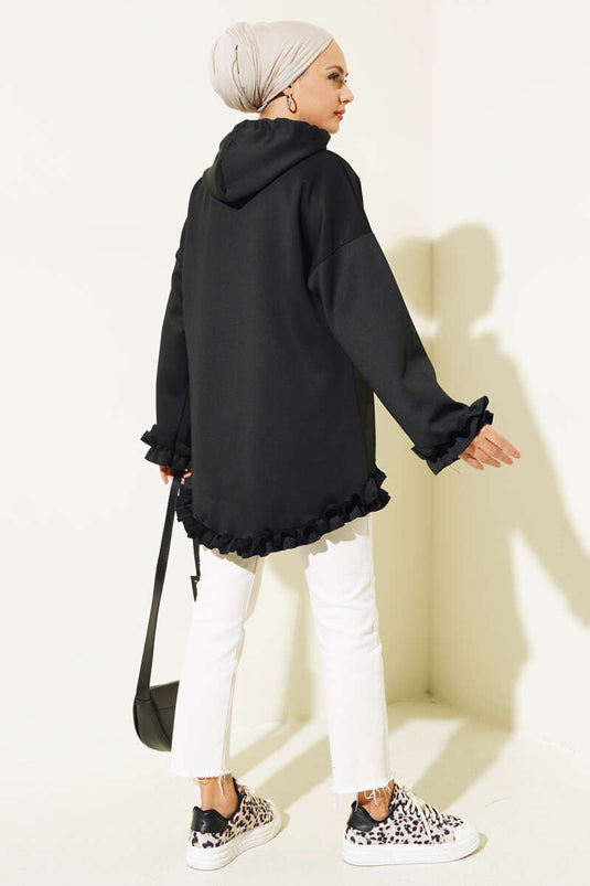 All Frilled Hooded Scuba Cardigan Black