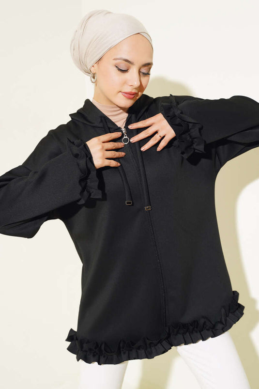 All Frilled Hooded Scuba Cardigan Black