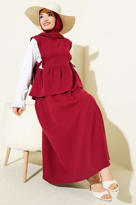 Ensemble jupe à lacets latéraux avec bordure en laine, bordeaux