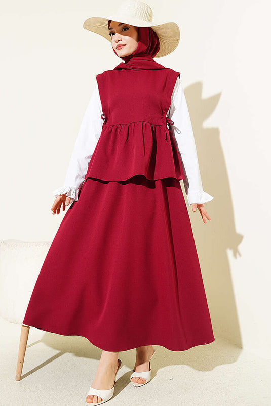 Ensemble jupe à lacets latéraux avec bordure en laine, bordeaux