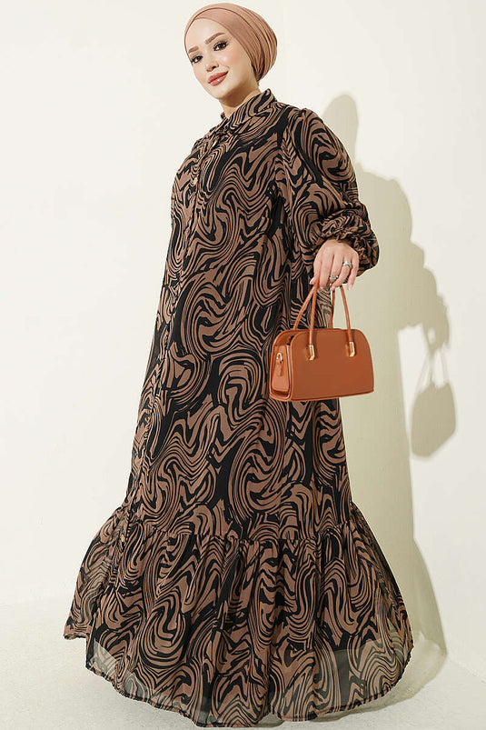 Gemustertes Chiffon-Kleid Mit Rüschen In Kaffee