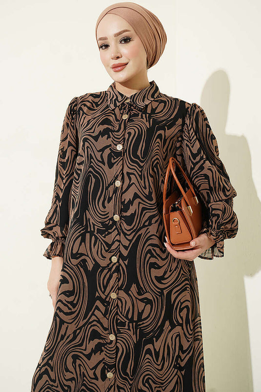Gemustertes Chiffon-Kleid Mit Rüschen In Kaffee