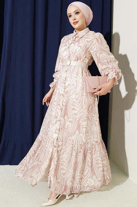 Rosa Chiffon-Kleid Mit Muster Und Rüschen