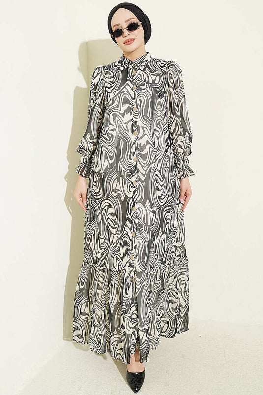 Schwarzes Chiffon-Kleid Mit Muster Und Rüschenkragen