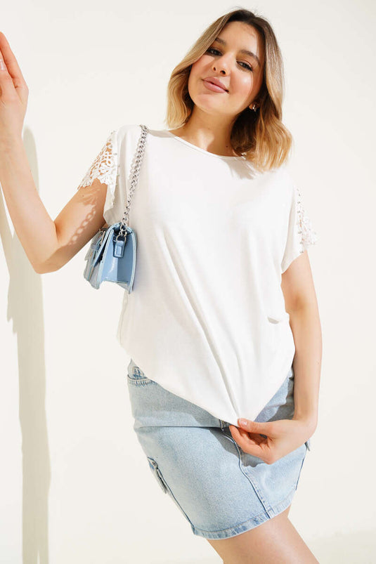 Kol Güpürlü T-shirt Ekru