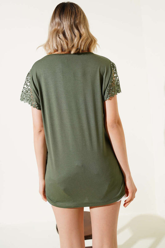 Kol Güpürlü T-shirt Haki