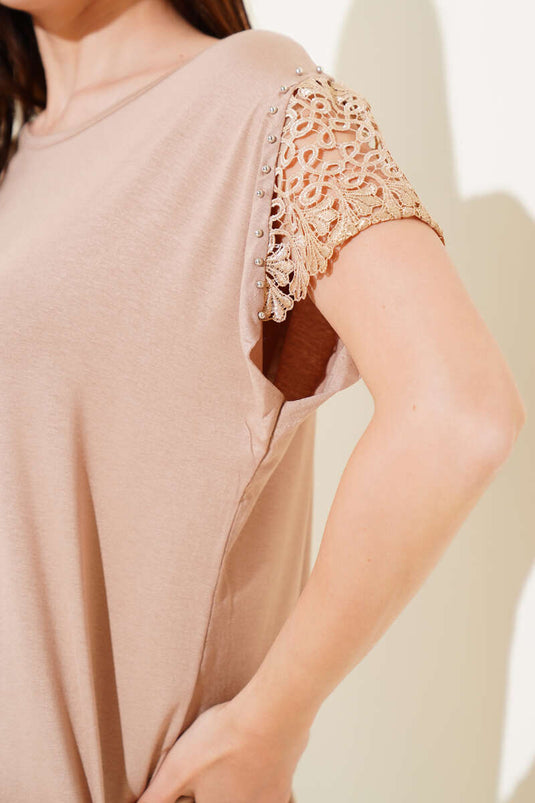 T-shirt Kol Güpürlü Latte