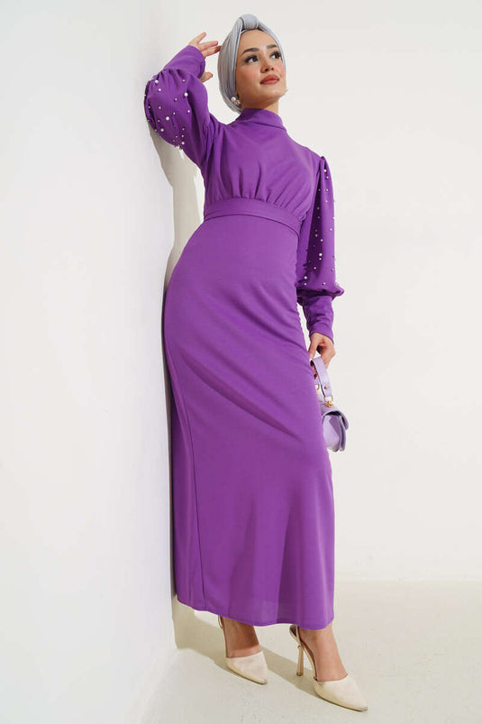 Belted Dress with Pearl Sleeves, Lilac