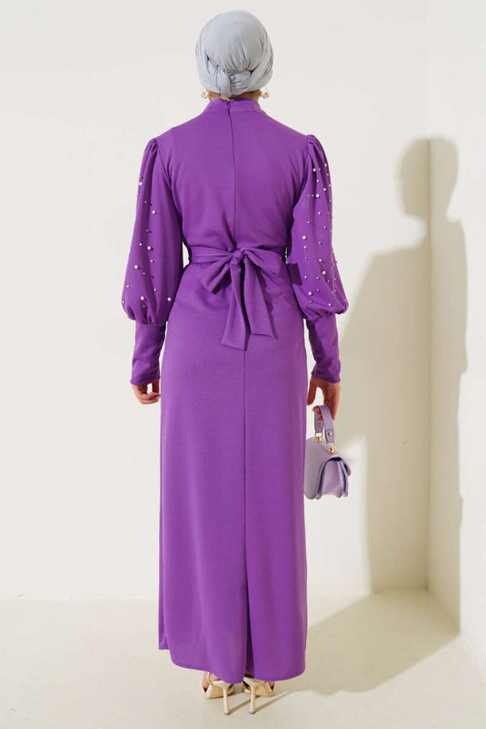 Belted Dress with Pearl Sleeves, Lilac