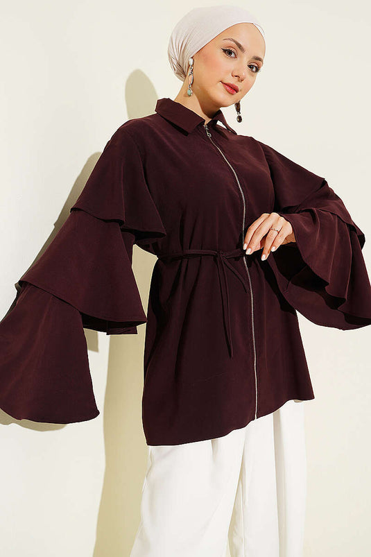 Veste Tensel à Fermeture Éclair et Couches Multiples Couleur Mûre
