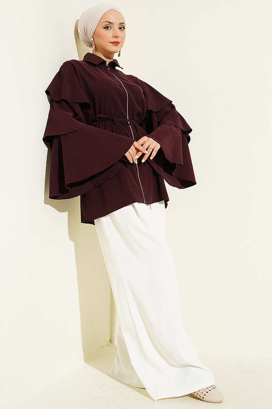 Veste Tensel à Fermeture Éclair et Couches Multiples Couleur Mûre