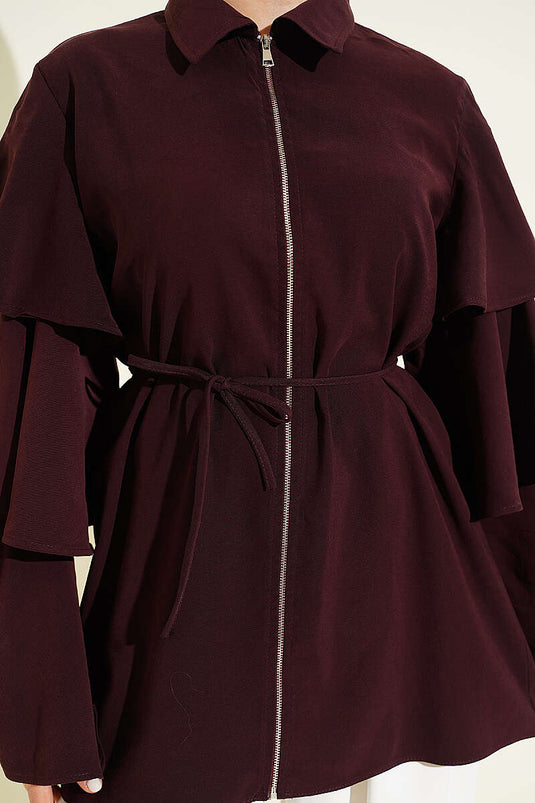 Veste Tensel à Fermeture Éclair et Couches Multiples Couleur Mûre