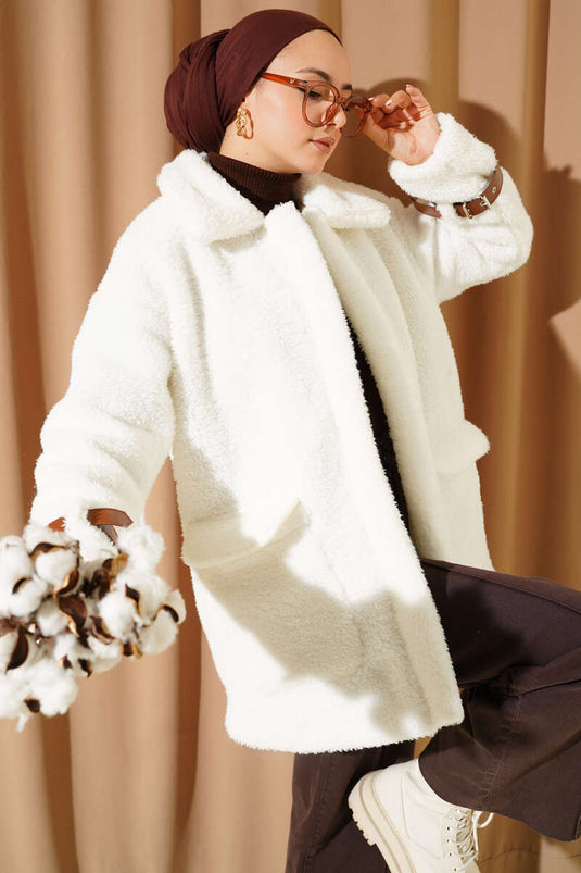 Plush Coat with Arm Belt and Pockets, Brown