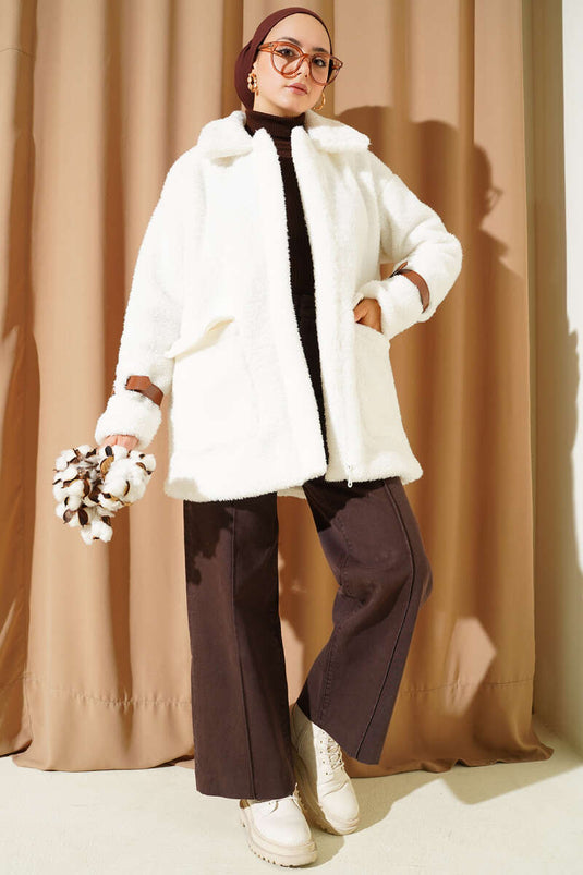 Plush Coat with Arm Belt and Pockets, Brown