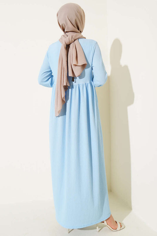 Elasticated Sleeve Crepe Dress Ice Blue