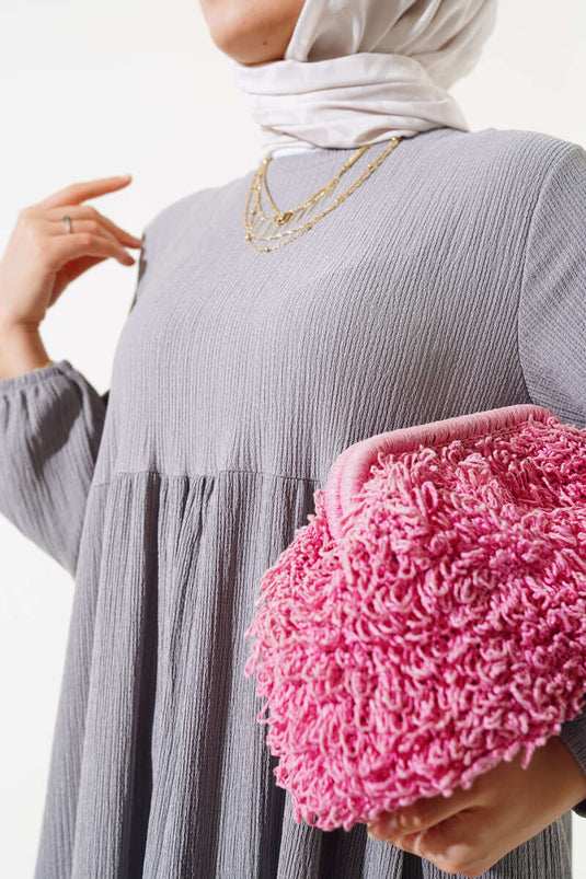 Kol Lastikli Bürümcük Elbise Gri