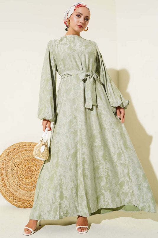 Elastic Sleeve Patterned Dress in Almond Green
