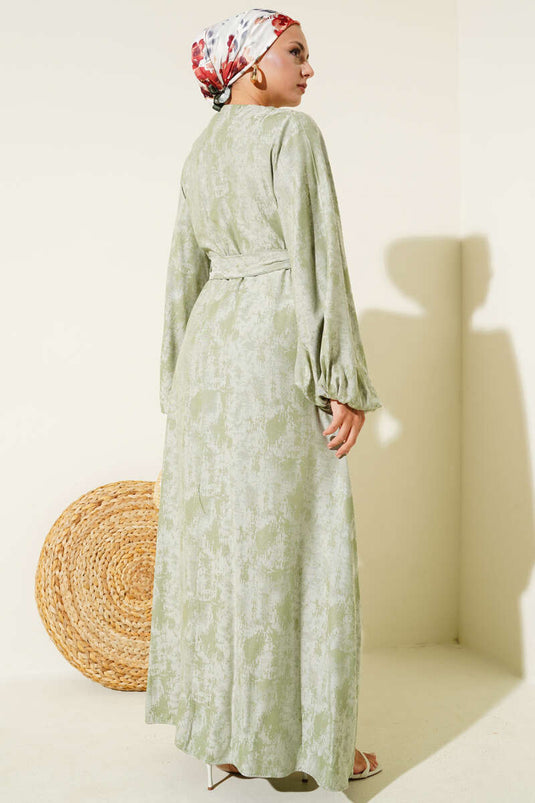 Elastic Sleeve Patterned Dress in Almond Green