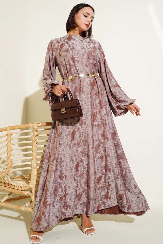 Patterned Dress with Elastic Sleeves, Brown