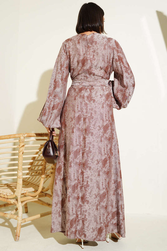 Patterned Dress with Elastic Sleeves, Brown