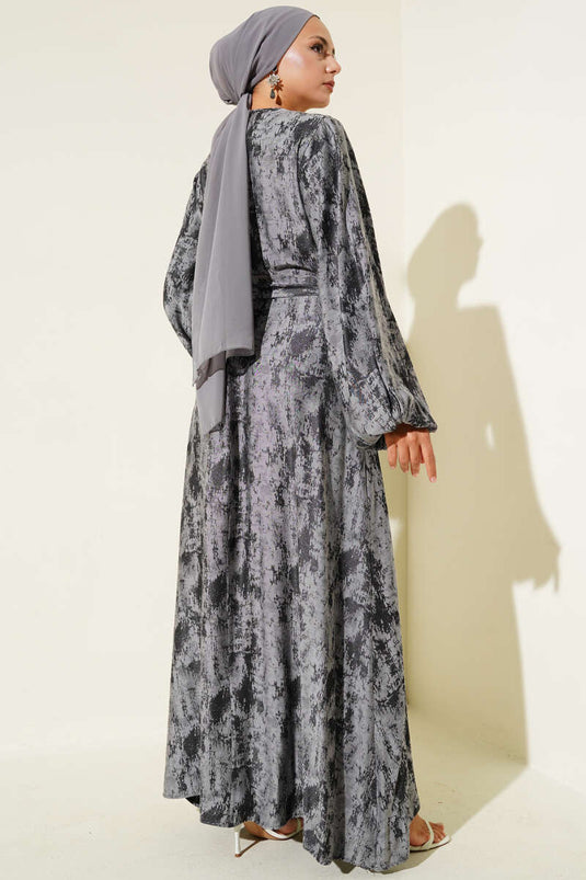 Elastic Sleeve Patterned Dress Black