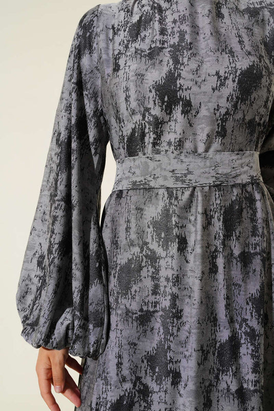 Elastic Sleeve Patterned Dress Black