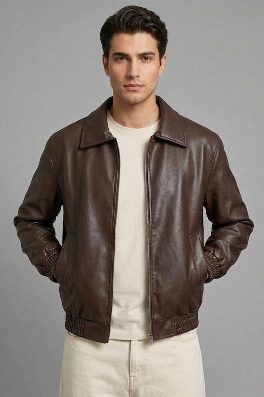 Veste en cuir pour homme à manches élastiques, couleur café