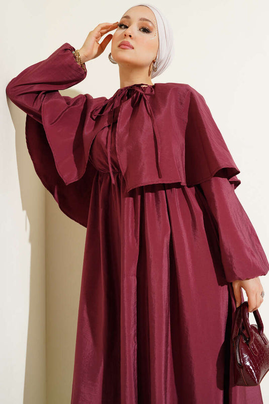 Burgundy Cape Dress with Elasticated Sleeves