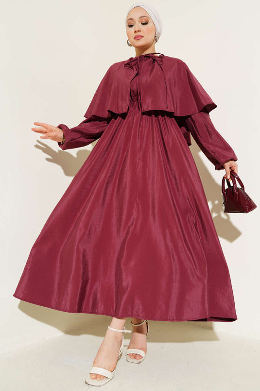 Burgundy Cape Dress with Elasticated Sleeves