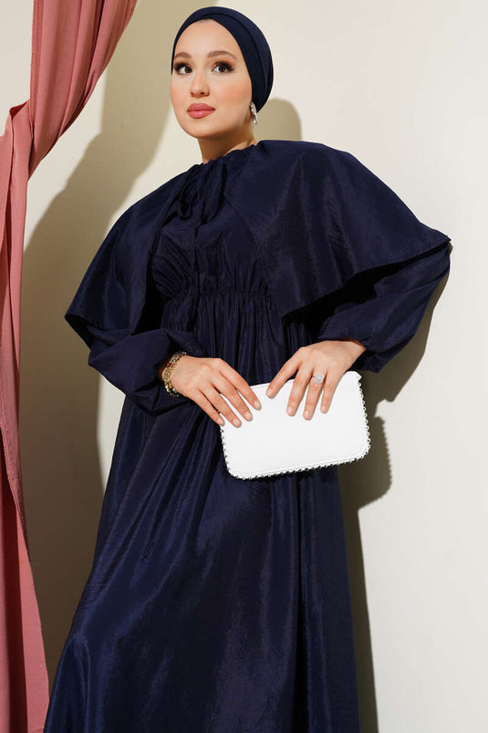 Dress with Sleeve Elastic and Cape Navy Blue